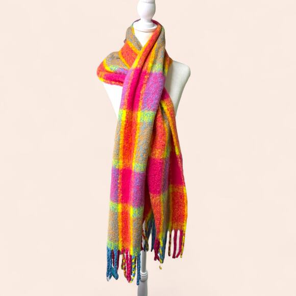 NWT Melrose and Market Chunky Plaid Scarf Fringe Bright Pink Orange Colorful - Picture 1 of 7